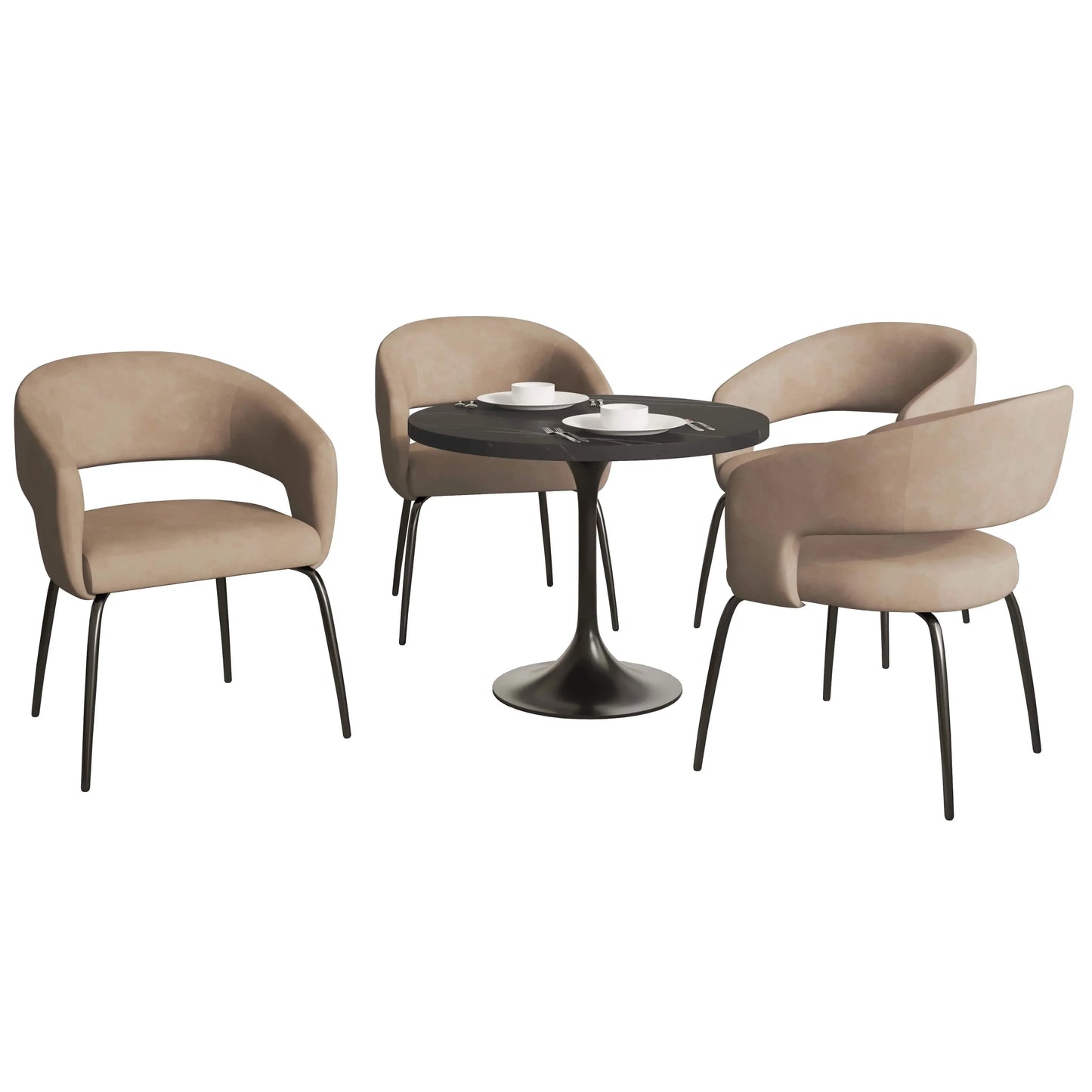 Verve 5-Piece Dining Set with 36" Round Dining Table in Black MDF Top and 4 Dining Chairs Upholstered in Velvet/Leather - Elax Furniture