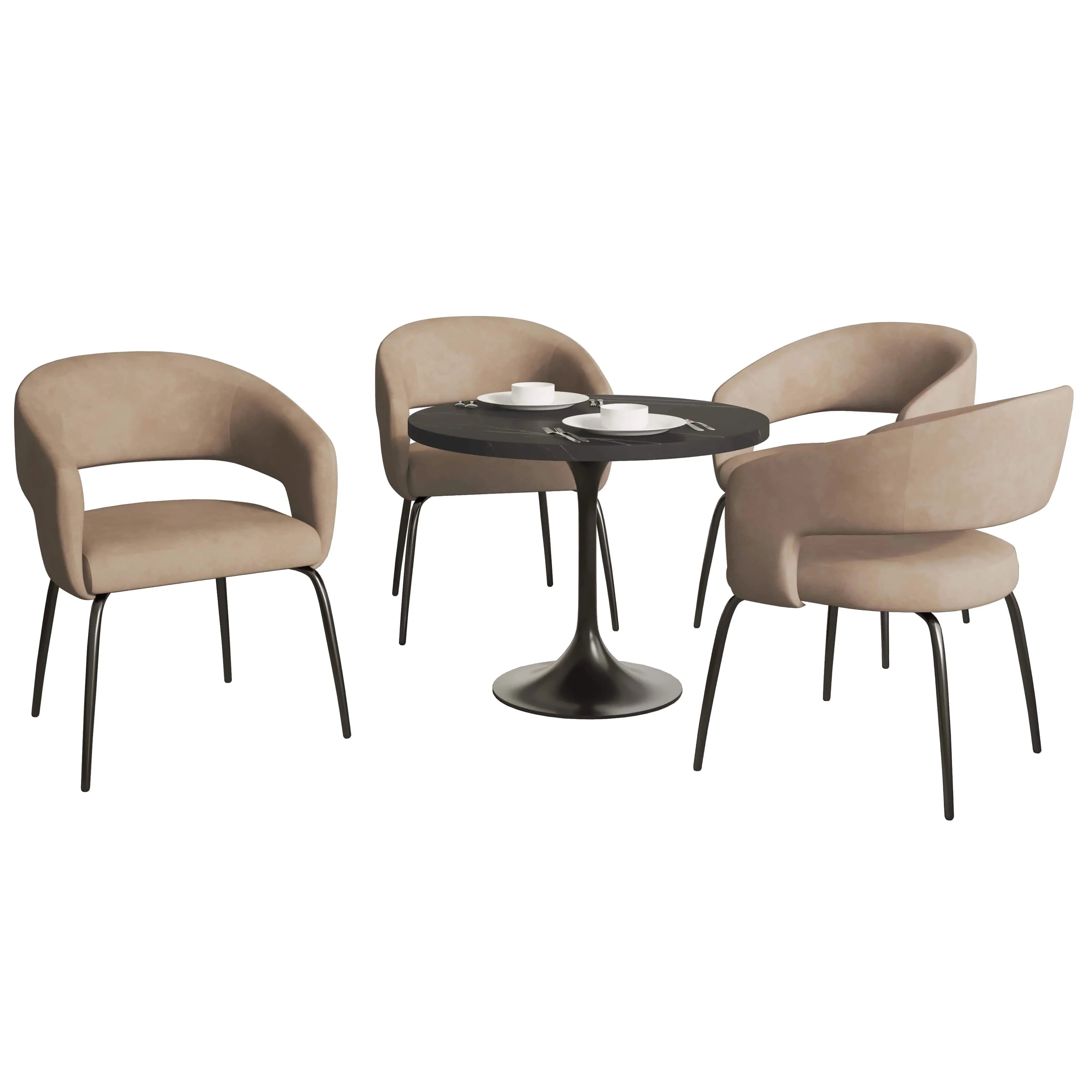 Verve 5-Piece Dining Set with 36" Round Dining Table in Black MDF Top and 4 Dining Chairs Upholstered in Velvet/Leather - Elax Furniture