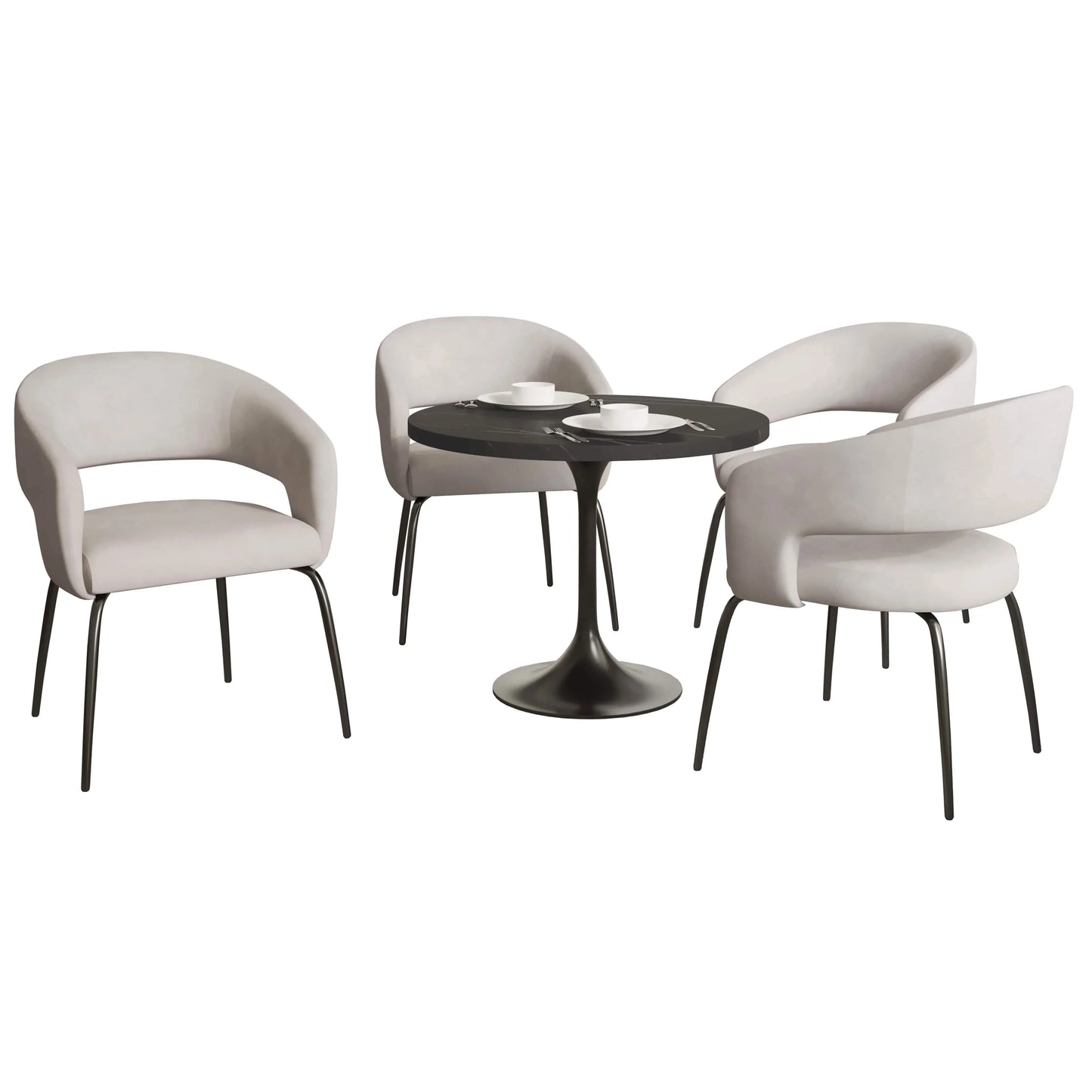Verve 5-Piece Dining Set with 36" Round Dining Table in Black MDF Top and 4 Dining Chairs Upholstered in Velvet/Leather - Elax Furniture