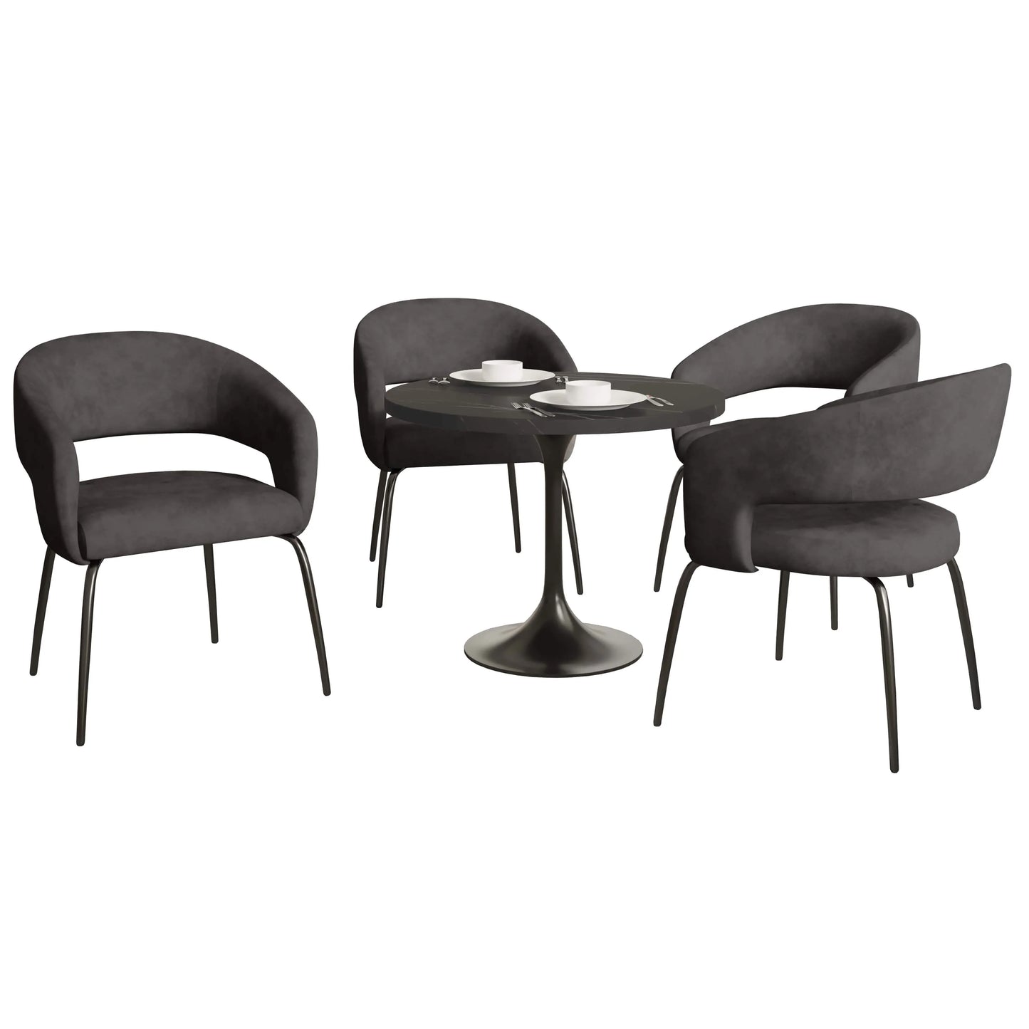 Verve 5-Piece Dining Set with 36" Round Dining Table in Black MDF Top and 4 Dining Chairs Upholstered in Velvet/Leather - Elax Furniture