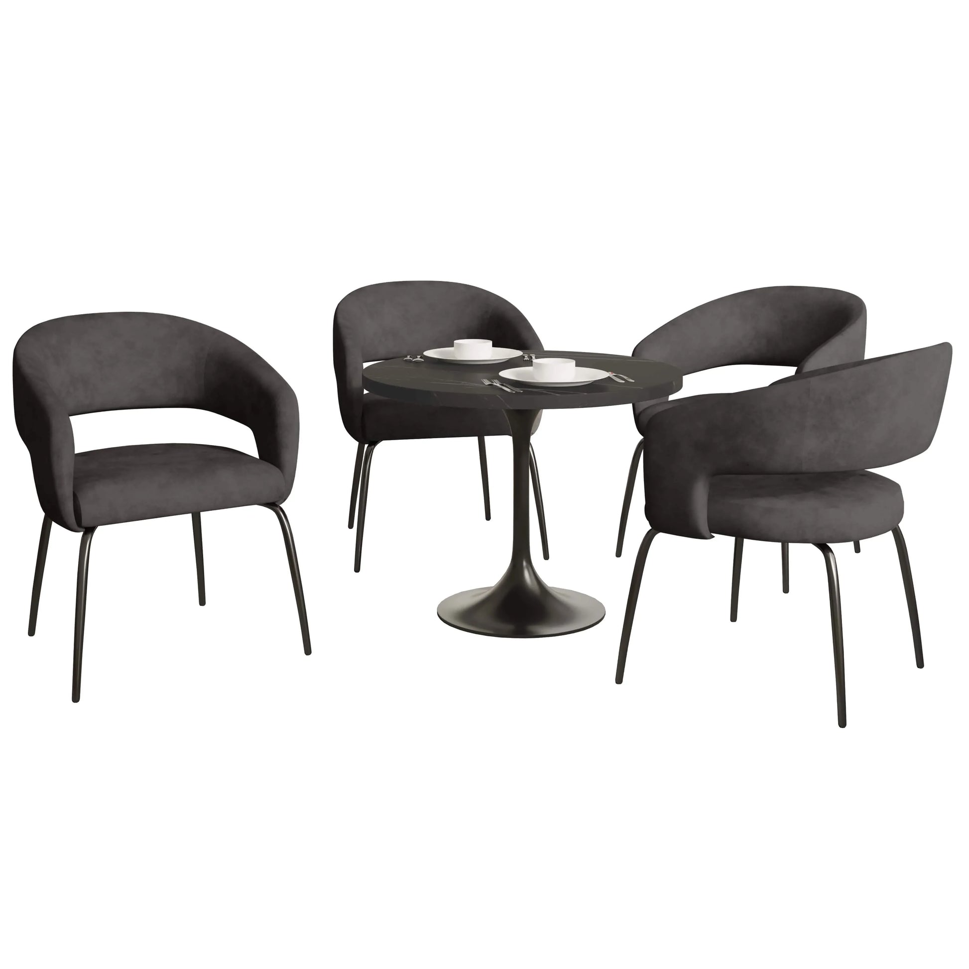 Verve 5-Piece Dining Set with 36" Round Dining Table in Black MDF Top and 4 Dining Chairs Upholstered in Velvet/Leather - Elax Furniture
