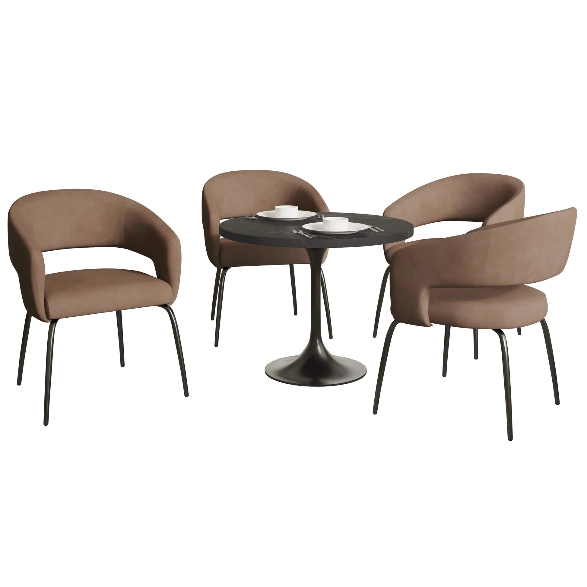 Verve 5-Piece Dining Set with 36" Round Dining Table in Black MDF Top and 4 Dining Chairs Upholstered in Velvet/Leather - Elax Furniture