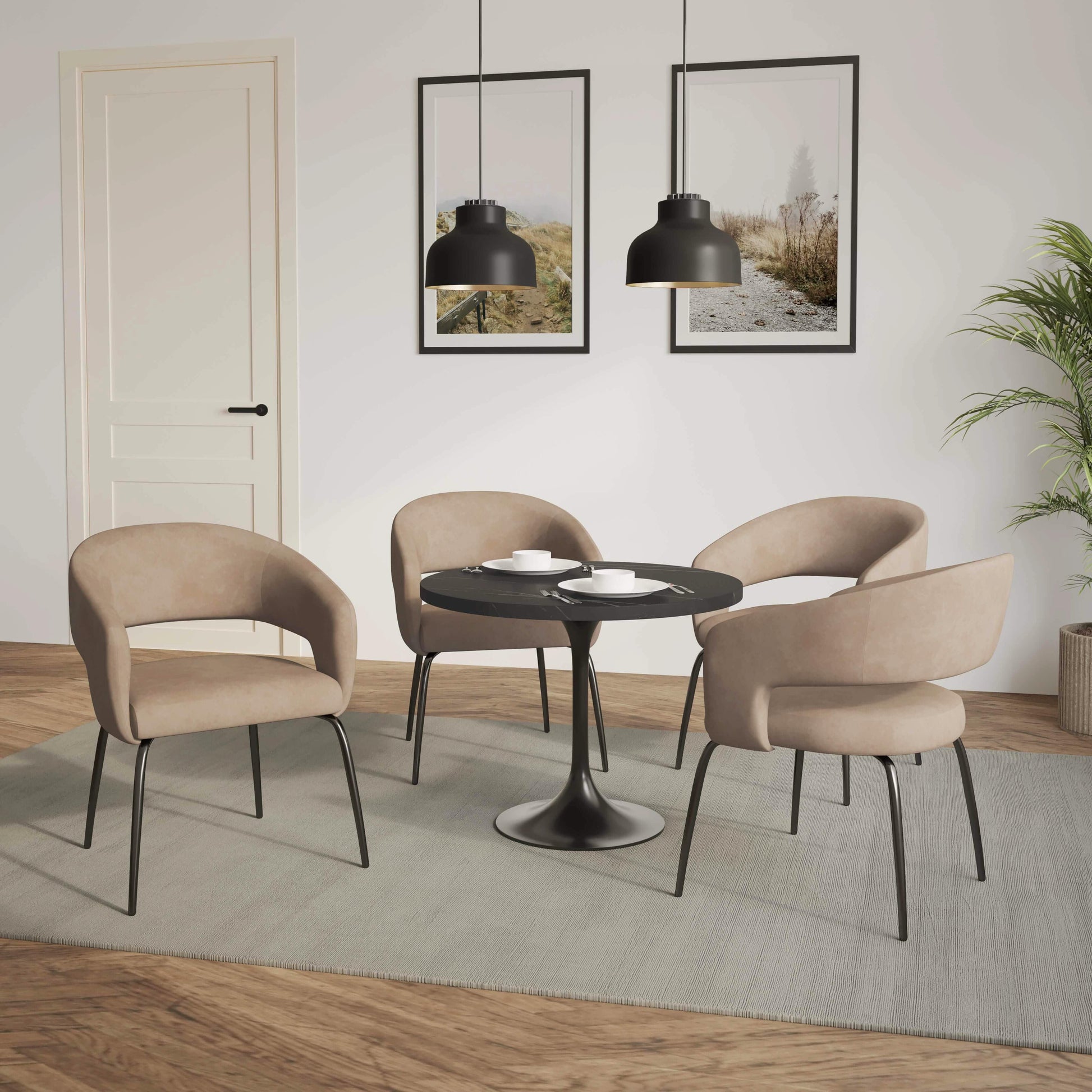 Verve 5-Piece Dining Set with 36" Round Dining Table in Black MDF Top and 4 Dining Chairs Upholstered in Velvet/Leather - Elax Furniture