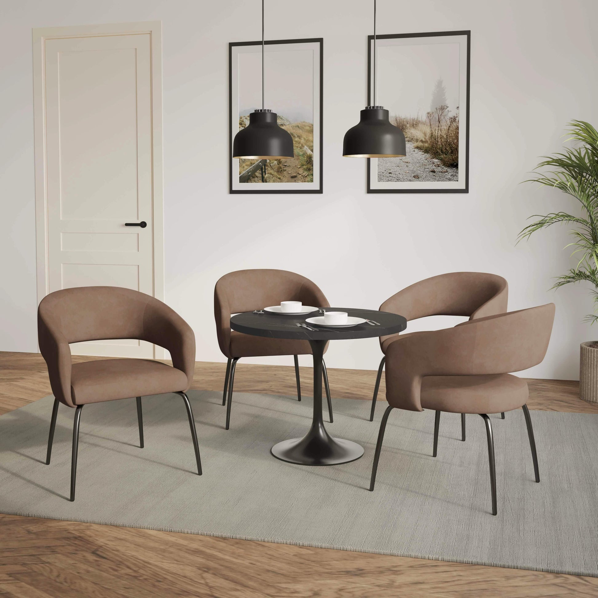 Verve 5-Piece Dining Set with 36" Round Dining Table in Black MDF Top and 4 Dining Chairs Upholstered in Velvet/Leather - Elax Furniture