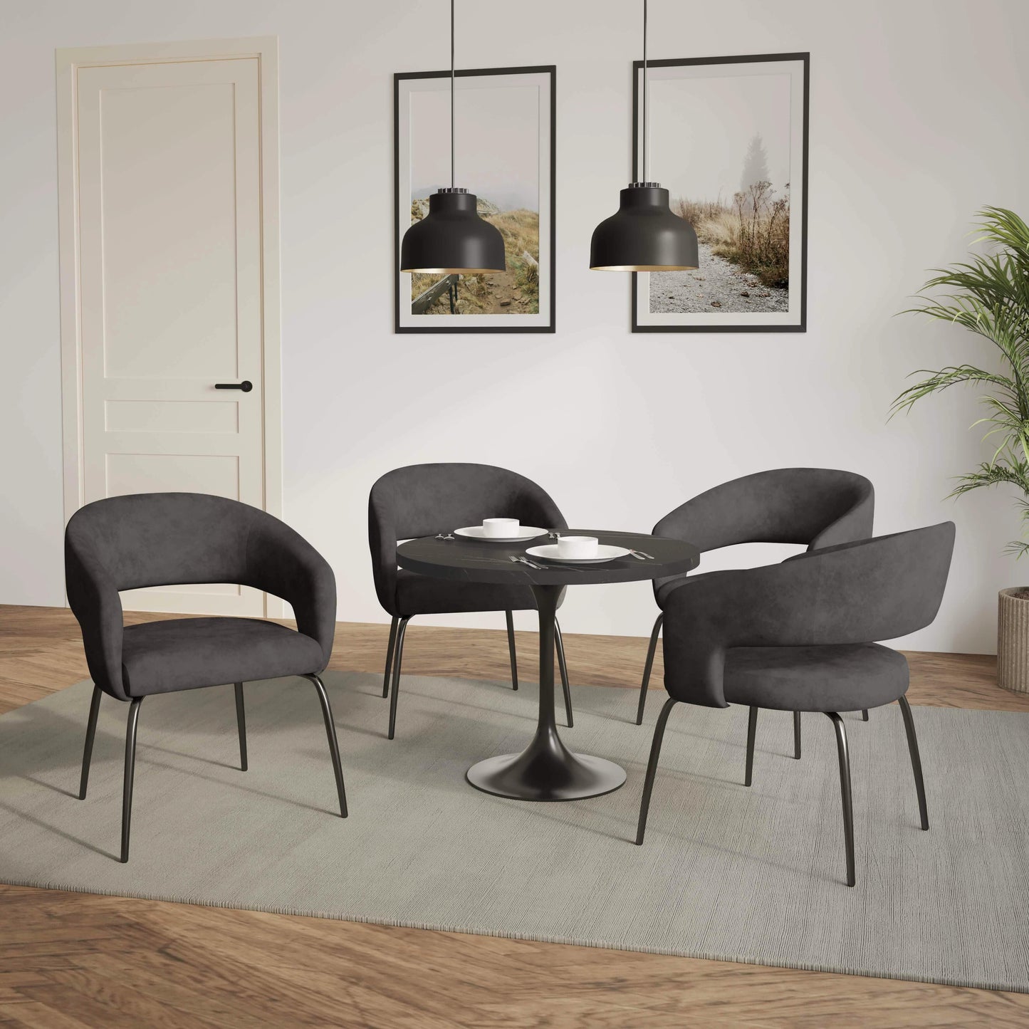 Verve 5-Piece Dining Set with 36" Round Dining Table in Black MDF Top and 4 Dining Chairs Upholstered in Velvet/Leather - Elax Furniture