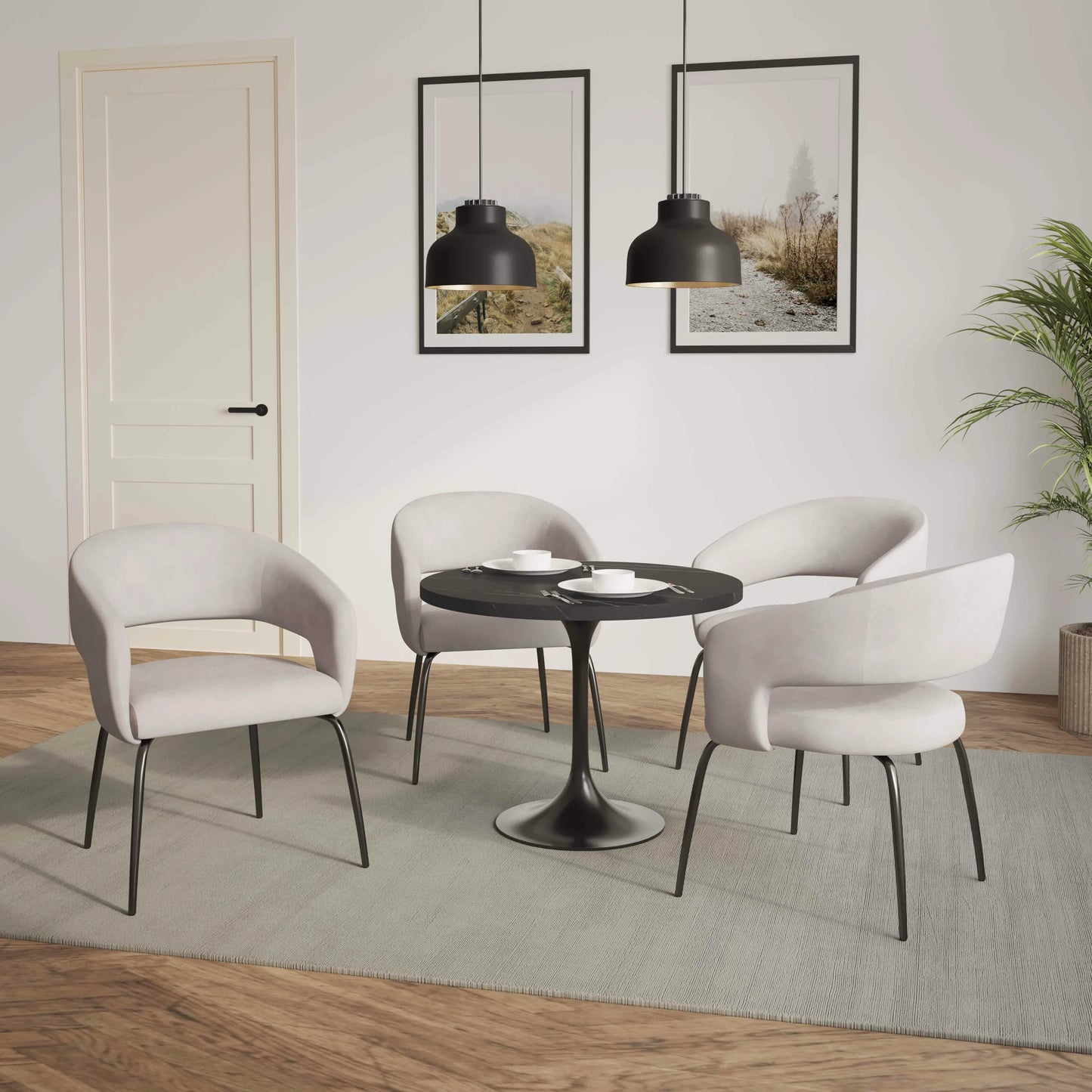 Verve 5-Piece Dining Set with 36" Round Dining Table in Black MDF Top and 4 Dining Chairs Upholstered in Velvet/Leather - Elax Furniture