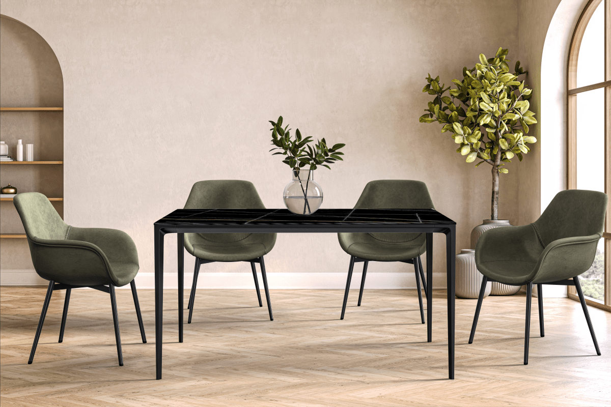 Avo Rectangular Dining Table with Sintered Stone/Glass Tabletop in Black Aluminum Base Dining Table Leisuremod