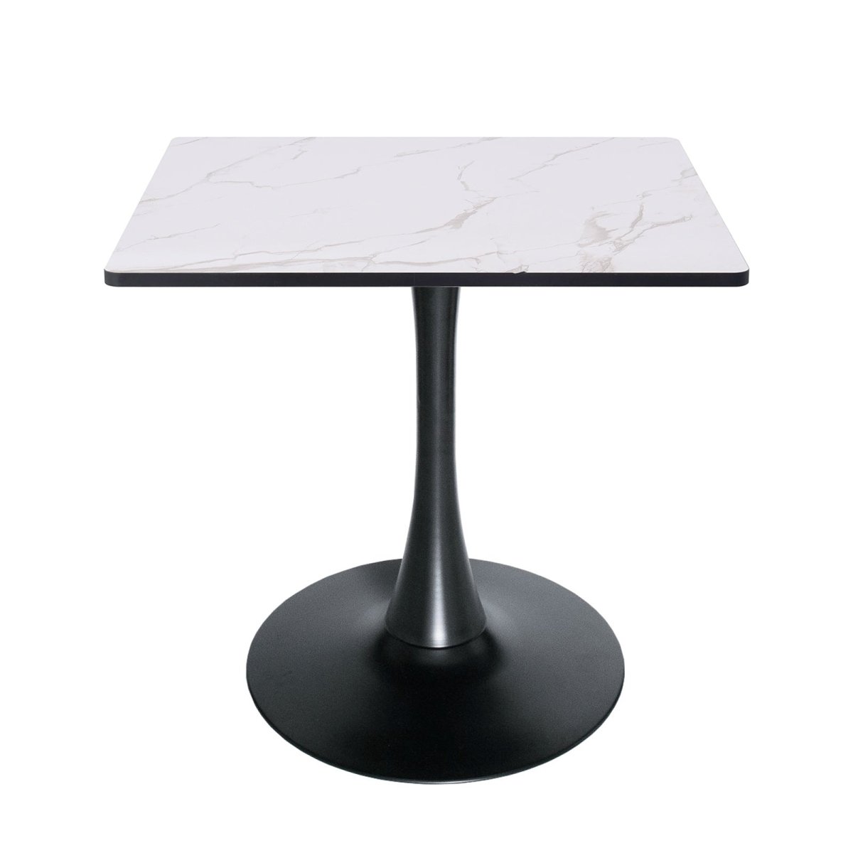 Bristol Square Dining Table with Marble White MDF Top and Steel Pedestal Base 27" Wide Black Dining Table LeisureMod