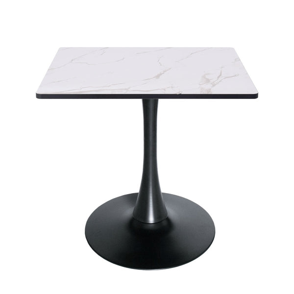 Bristol Square Dining Table with Marble White MDF Top and Steel Pedestal Base 27" Wide Black Dining Table LeisureMod