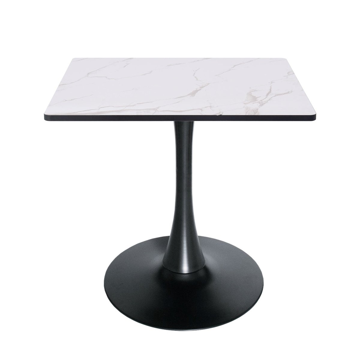Bristol Square Dining Table with Marble White MDF Top and Steel Pedestal Base 35" Wide Black Dining Table LeisureMod
