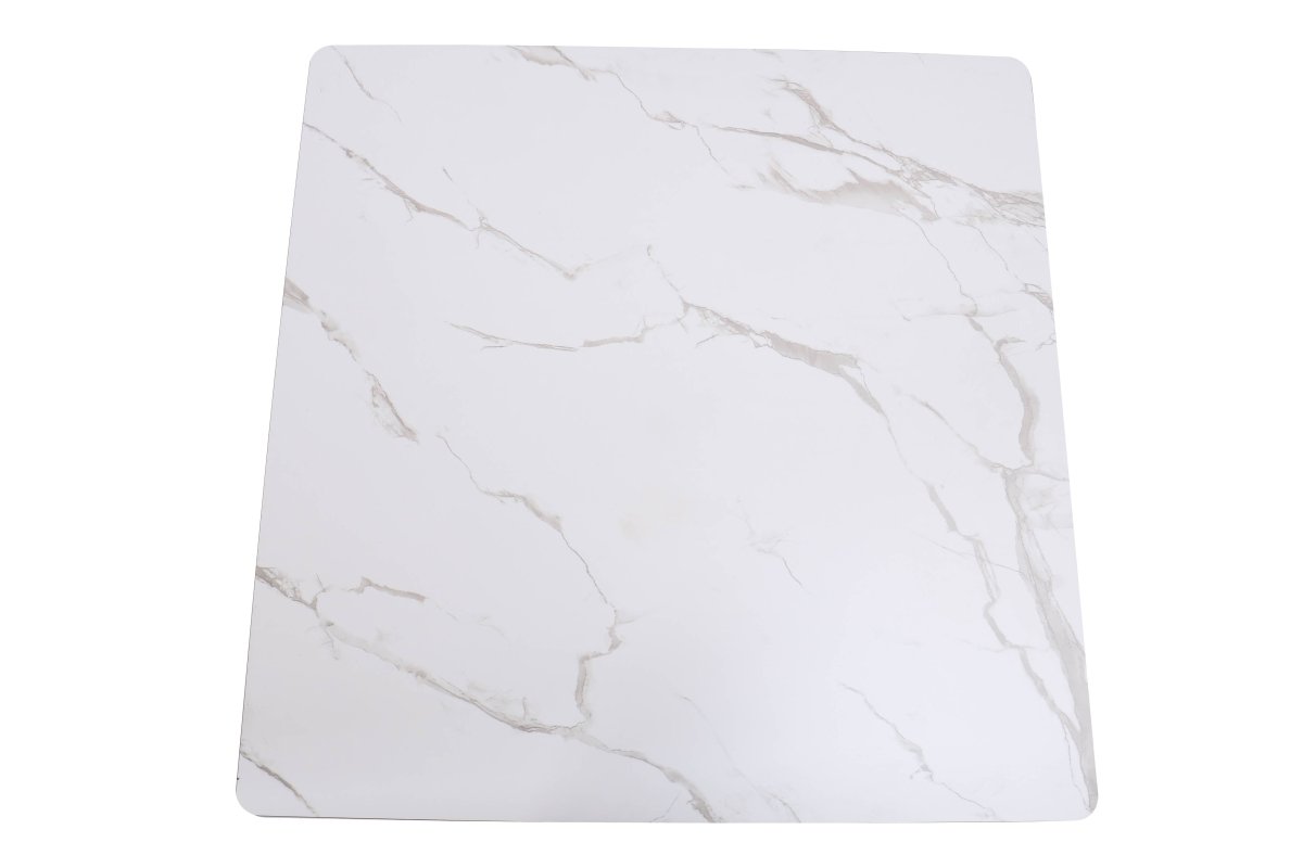 Bristol Square Dining Table with Marble White MDF Top and Steel Pedestal Base 35" Wide White Dining Table LeisureMod