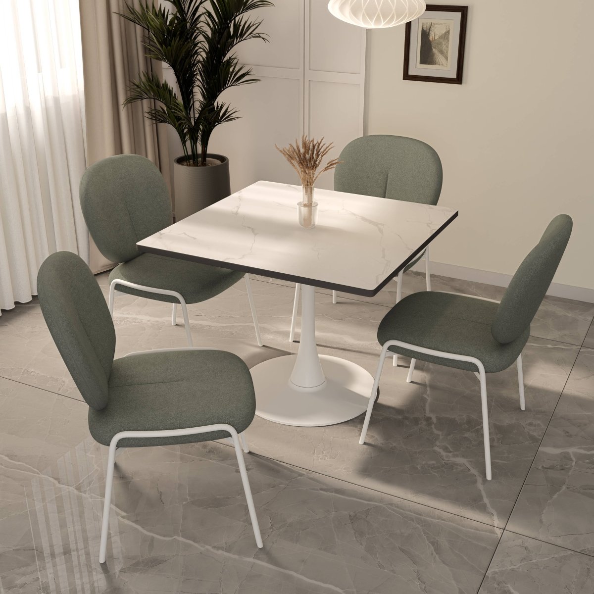 Bristol Square Dining Table with Marble White MDF Top and Steel Pedestal Base 35" Wide White Dining Table LeisureMod