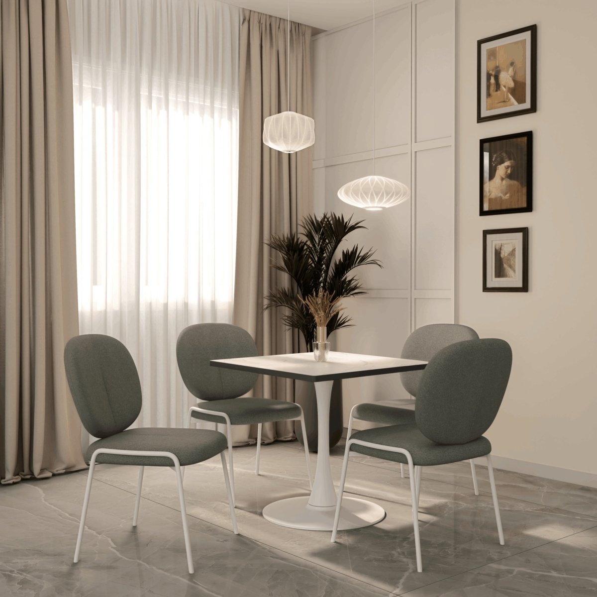 Bristol Square Dining Table with Marble White MDF Top and Steel Pedestal Base 27" Wide White Dining Table LeisureMod