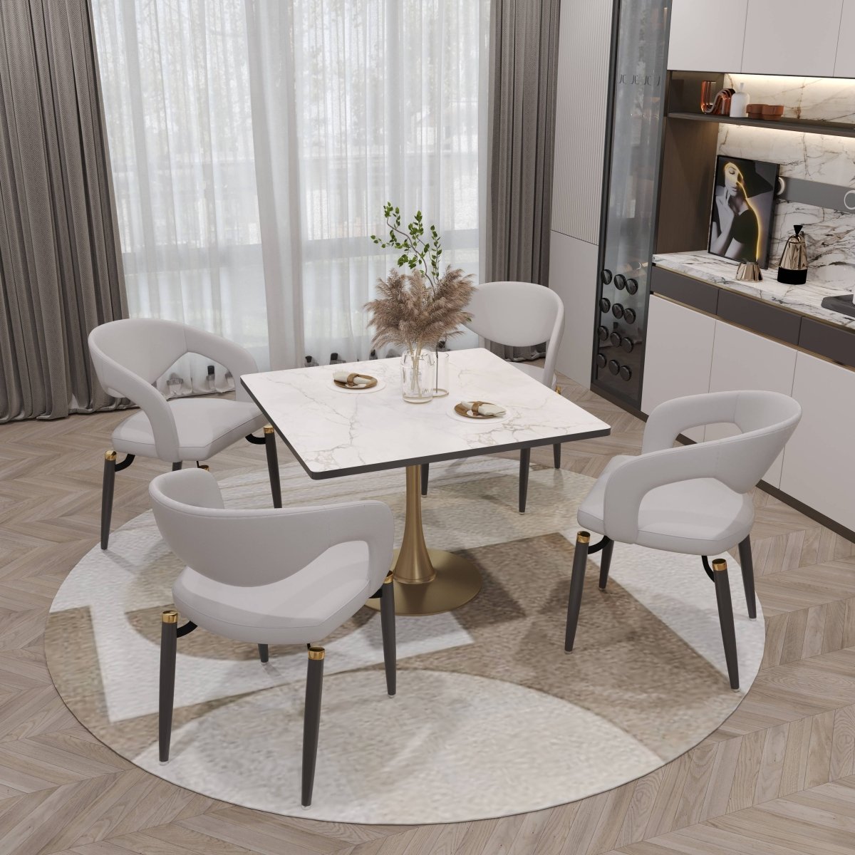 Bristol Square Dining Table with Marble White MDF Top and Steel Pedestal Base 27" Wide Gold Dining Table LeisureMod