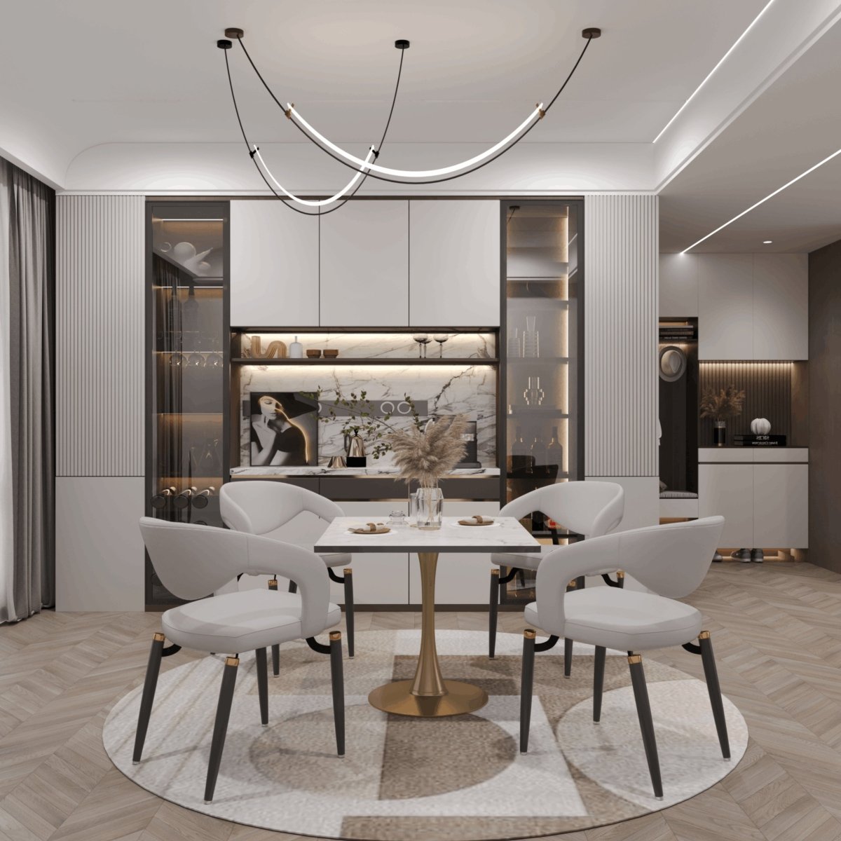 Bristol Square Dining Table with Marble White MDF Top and Steel Pedestal Base 27" Wide Gold Dining Table LeisureMod