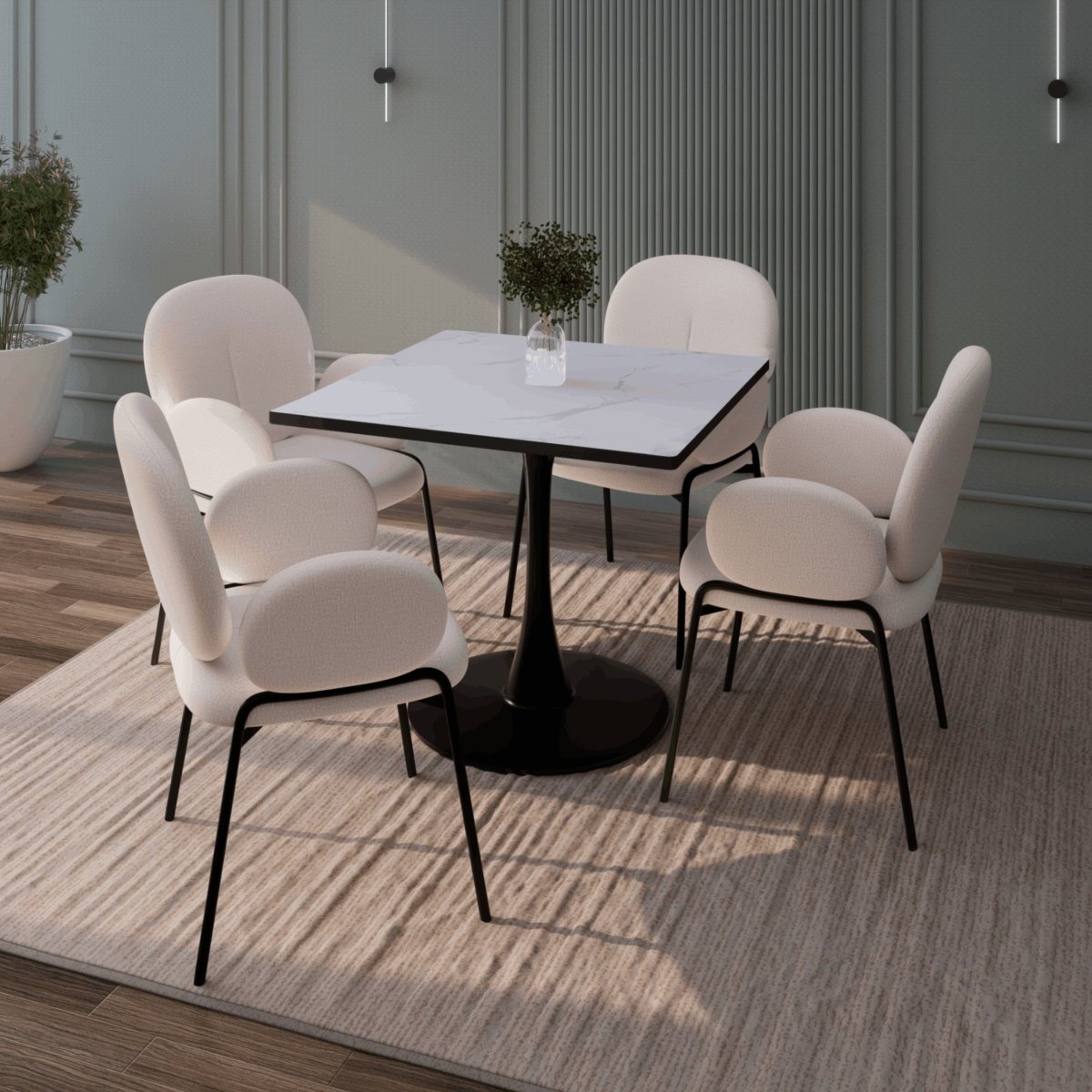 Bristol Square Dining Table with Marble White MDF Top and Steel Pedestal Base 35" Wide Black Dining Table LeisureMod