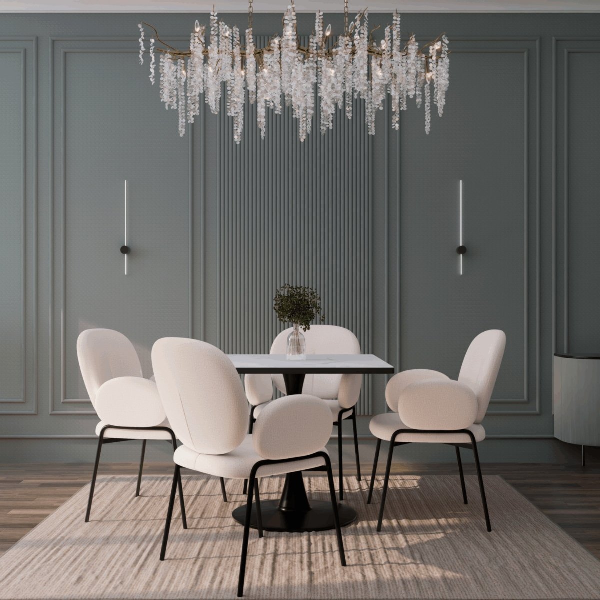 Bristol Square Dining Table with Marble White MDF Top and Steel Pedestal Base 35" Wide Black Dining Table LeisureMod