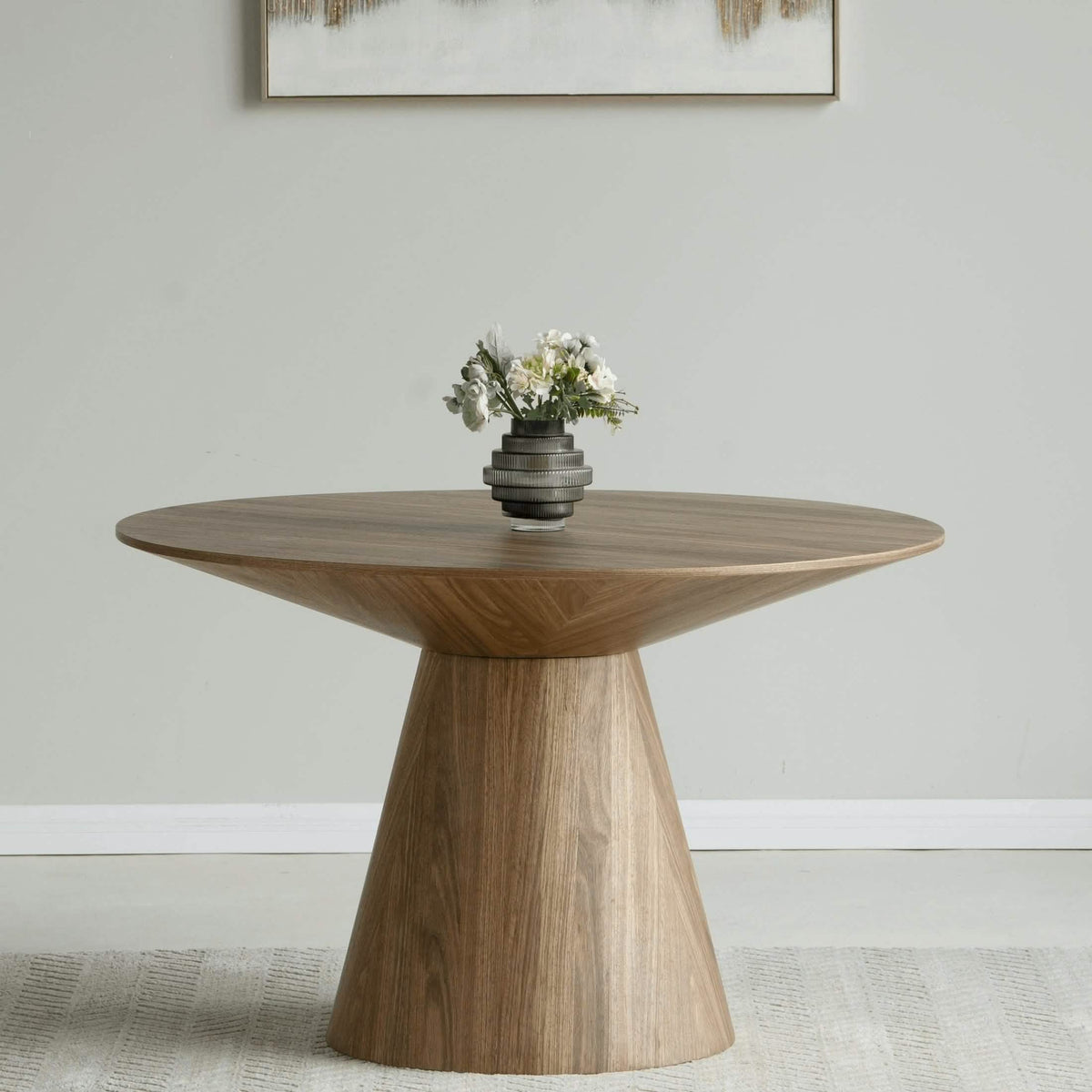 Fynix 47” Round Dining Table with Ash Wood Veneer Top and Pedestal Base Natural Wood Dining Table Leisuremod