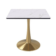 Bristol Square Dining Table with Marble White MDF Top and Steel Pedestal Base 27" Wide Gold Dining Table LeisureMod