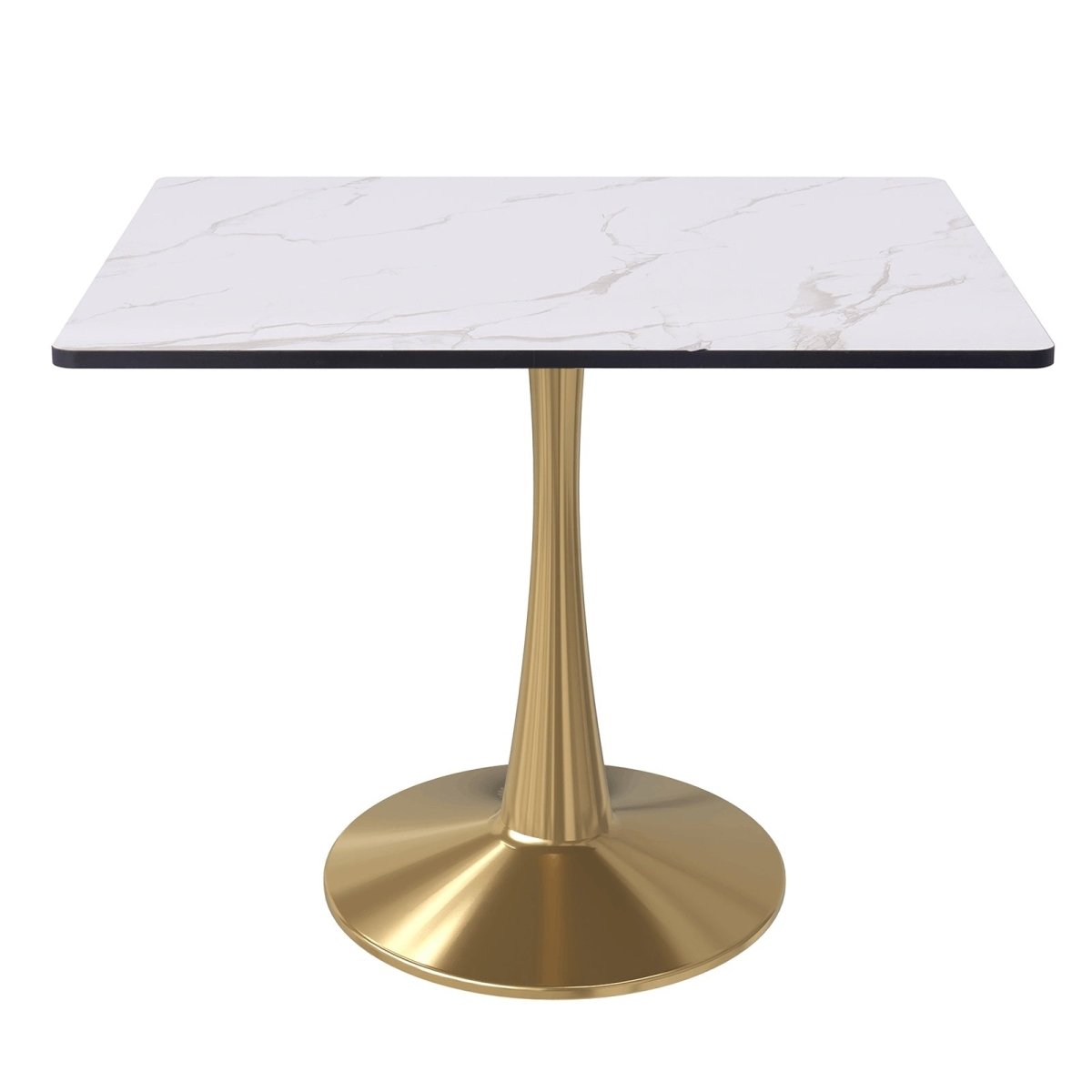 Bristol Square Dining Table with Marble White MDF Top and Steel Pedestal Base 35" Wide Gold Dining Table LeisureMod