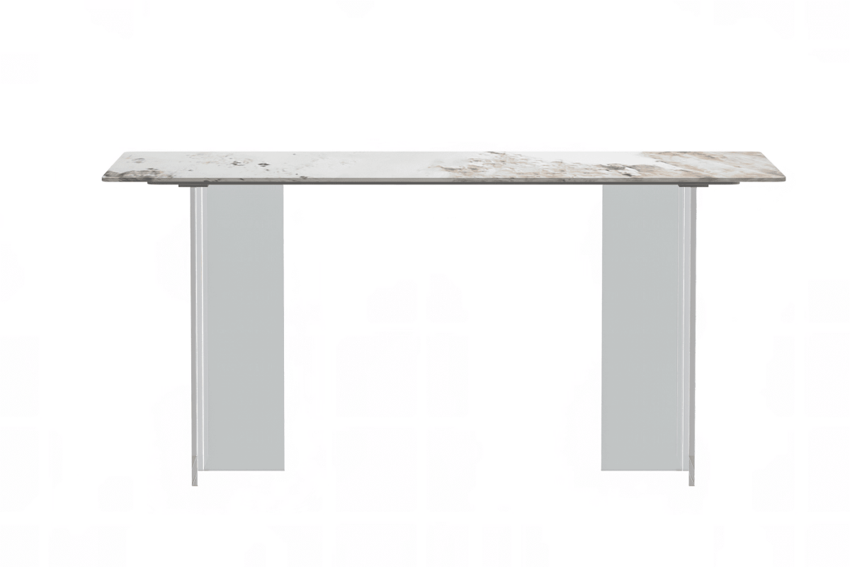 Kova Rectangular Dining Table with Sintered Stone/Glass Top and Acrylic Base Legs Sintered Stone White Grey Dining Table Leisuremod