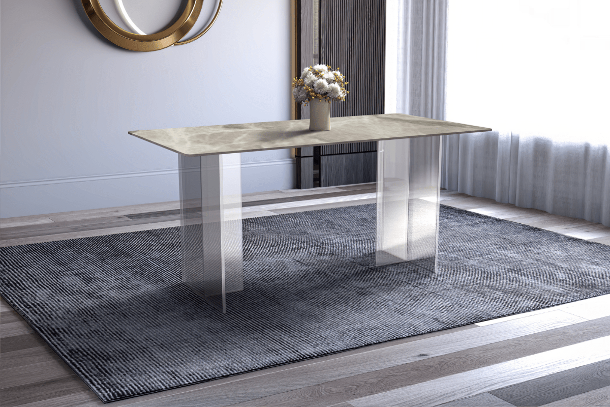Kova Rectangular Dining Table with Sintered Stone/Glass Top and Acrylic Base Legs Sintered Stone Deep Grey Dining Table Leisuremod