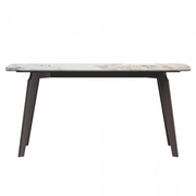 Krevor Modern Dining Table with Rectangular Stone/Glass Wide Tabletop with Black Steel Legs Sintered Stone White Grey Dining Table Leisuremod
