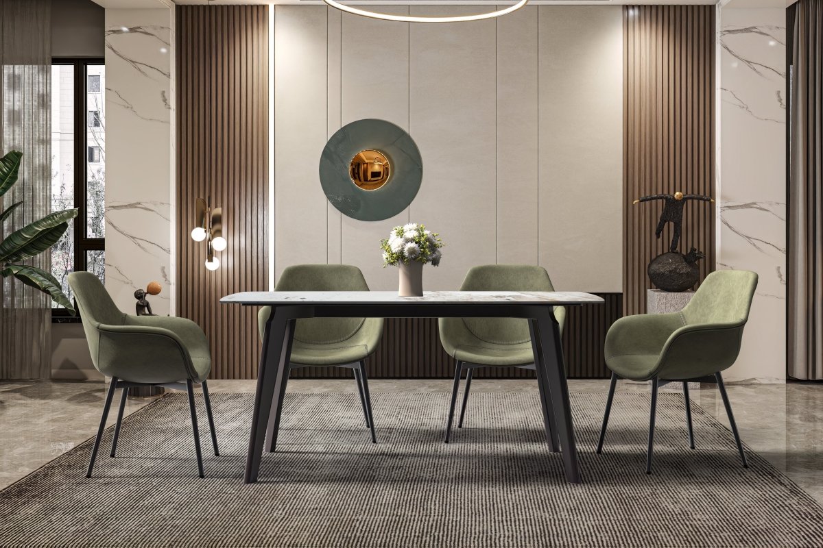 Krevor Modern Dining Table with Rectangular Stone/Glass Wide Tabletop with Black Steel Legs Sintered Stone White Grey Dining Table Leisuremod