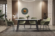 Krevor Modern Dining Table with Rectangular Stone/Glass Wide Tabletop with Black Steel Legs Sintered Stone White Grey Dining Table Leisuremod