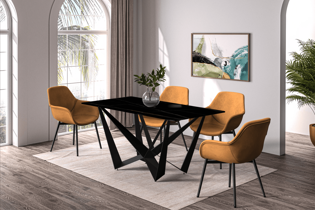 Nuvor Dining Table with Rectangular Sintered Stone/Glass Tabletop and Black Steel Legs Sintered Stone 55 Inches Wide Light Grey Dining Table Leisuremod