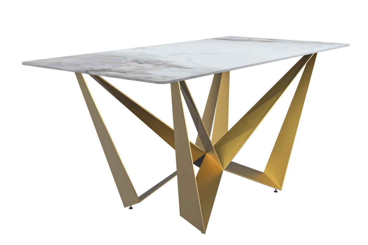 Nuvor Dining Table with Rectangular Sintered Stone/Glass Tabletop and Gold Steel Legs Sintered Stone 55 Inches Wide Light Grey Dining Table Leisuremod