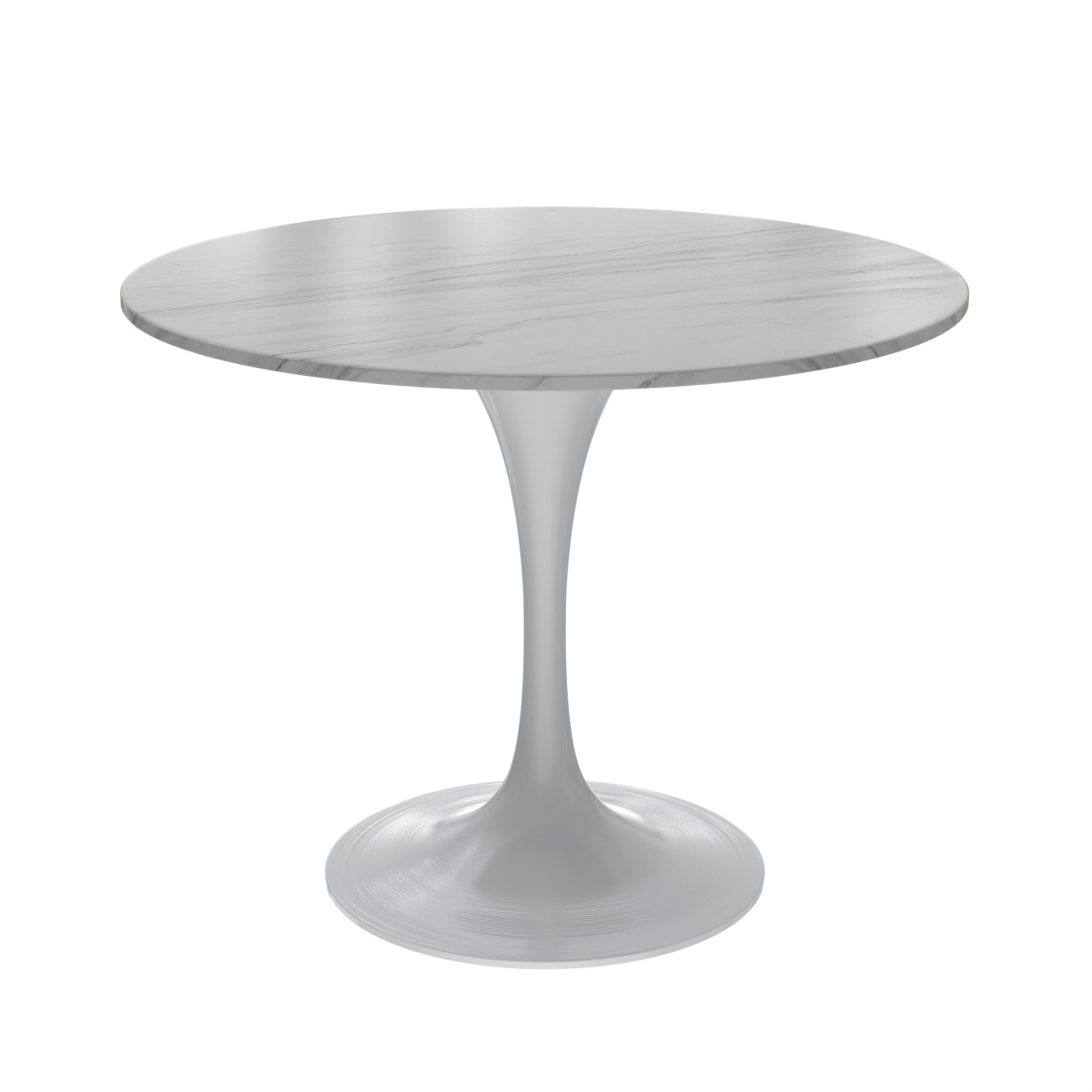 Verve Round Dining Table with MDF/Sintered Stone/Resin Tabletop in White Stainless Steel Pedestal Base Sintered Stone 36 Inch White Dining Table Leisuremod