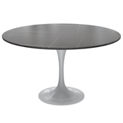 Verve Round Dining Table with MDF/Sintered Stone/Resin Tabletop in White Stainless Steel Pedestal Base Sintered Stone 48 Inch Black Dining Table Leisuremod