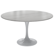 Verve Round Dining Table with MDF/Sintered Stone/Resin Tabletop in White Stainless Steel Pedestal Base Sintered Stone 48 Inch White Dining Table Leisuremod