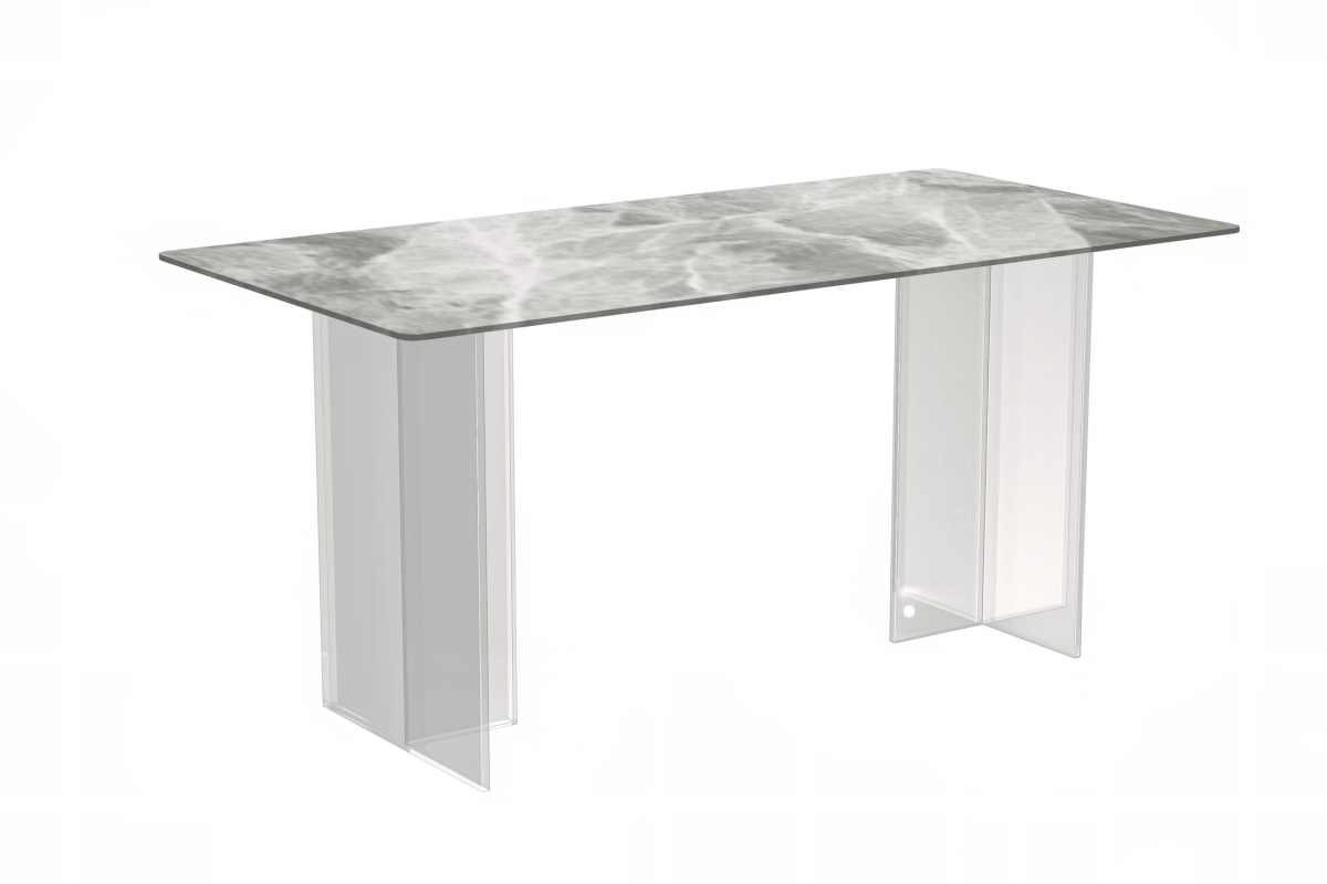 Kova Rectangular Dining Table with Sintered Stone/Glass Top and Acrylic Base Legs Sintered Stone Light Grey Dining Table Leisuremod
