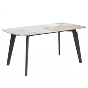 Krevor Modern Dining Table with Rectangular Stone/Glass Wide Tabletop with Black Steel Legs Sintered Stone White Grey Dining Table Leisuremod