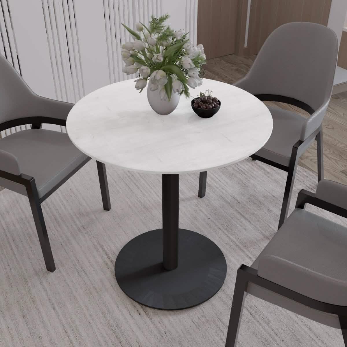Vail Collection Dining Table Black Base With 27"/36" Round Black MDF Wood/Sintered Stone Top 36 Inches Light Wood Brown Wood Dining Table Leisuremod