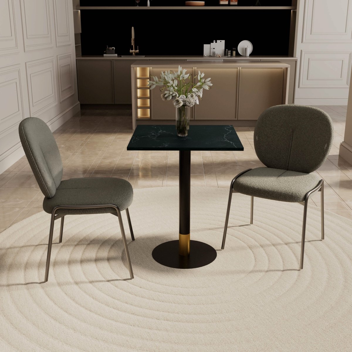 Vail Collection Dining Table Black/Gold Round Base With 24" Square Black MDF Top Black Gold Black Dining Table Leisuremod