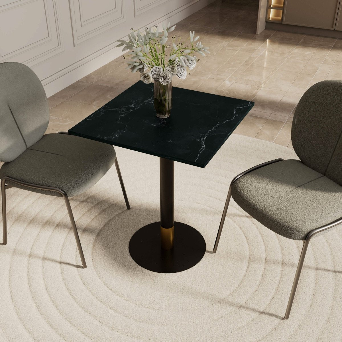 Vail Collection Dining Table Black/Gold Round Base With 24" Square Black MDF Top Black Gold Black Dining Table Leisuremod
