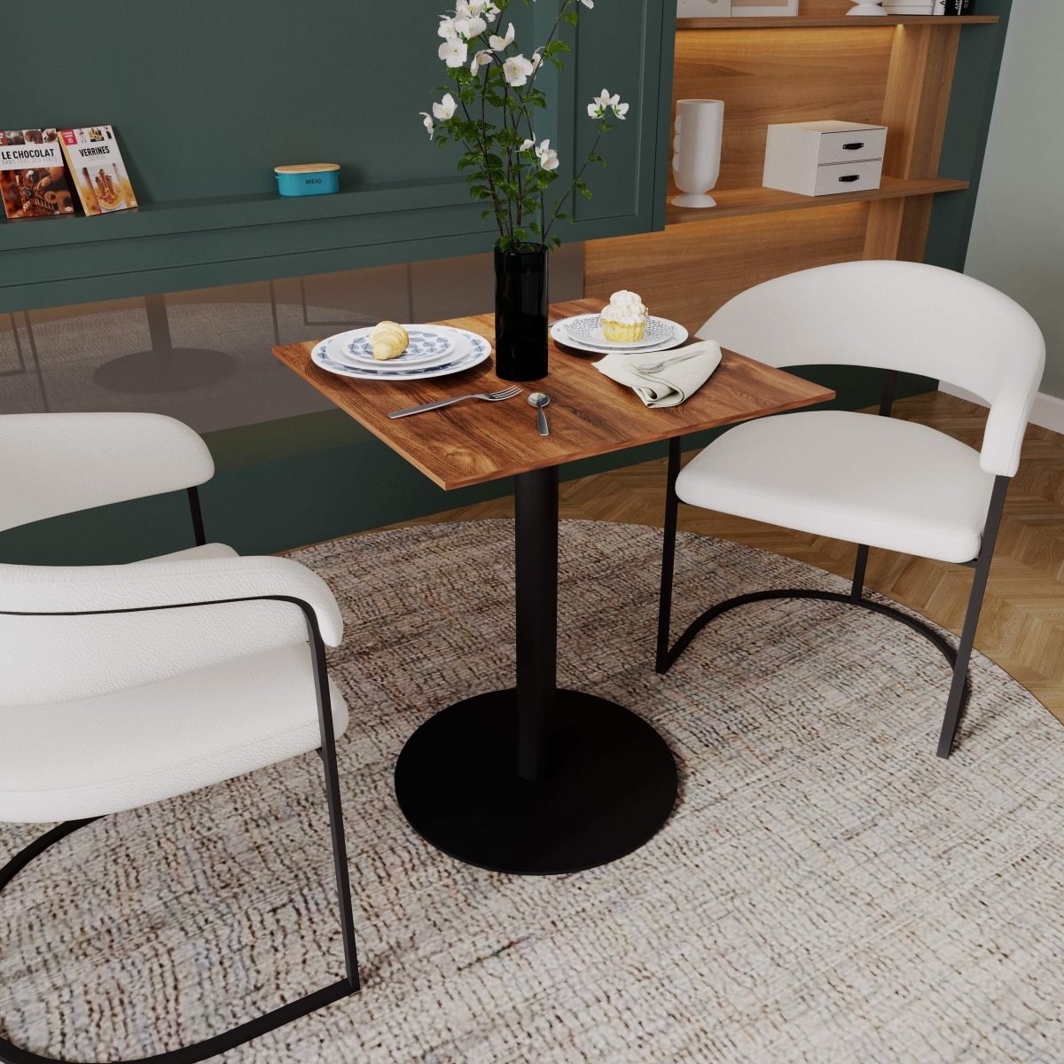 Vail Collection Dining Table Black/Gold Round Base With 24" Square Black MDF Top Black Cognac Brown Dining Table Leisuremod