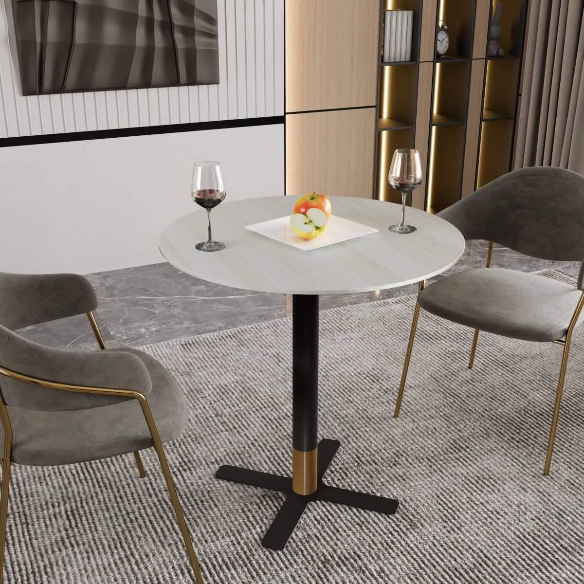 Vail Collection Dining Table Black/Gold X Base With Round MDF Wood/Sintered Stone Top 27 Inches Light Wood Brown Wood Dining Table Leisuremod