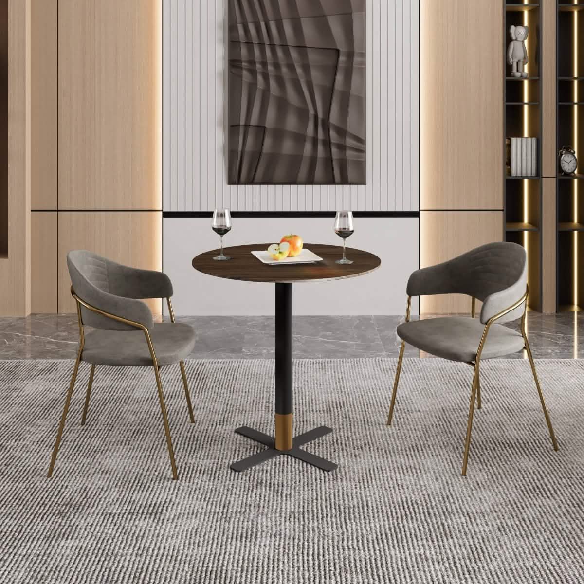 Vail Collection Dining Table Black/Gold X Base With Round MDF Wood/Sintered Stone Top 27 Inches Black Wood Dining Table Leisuremod