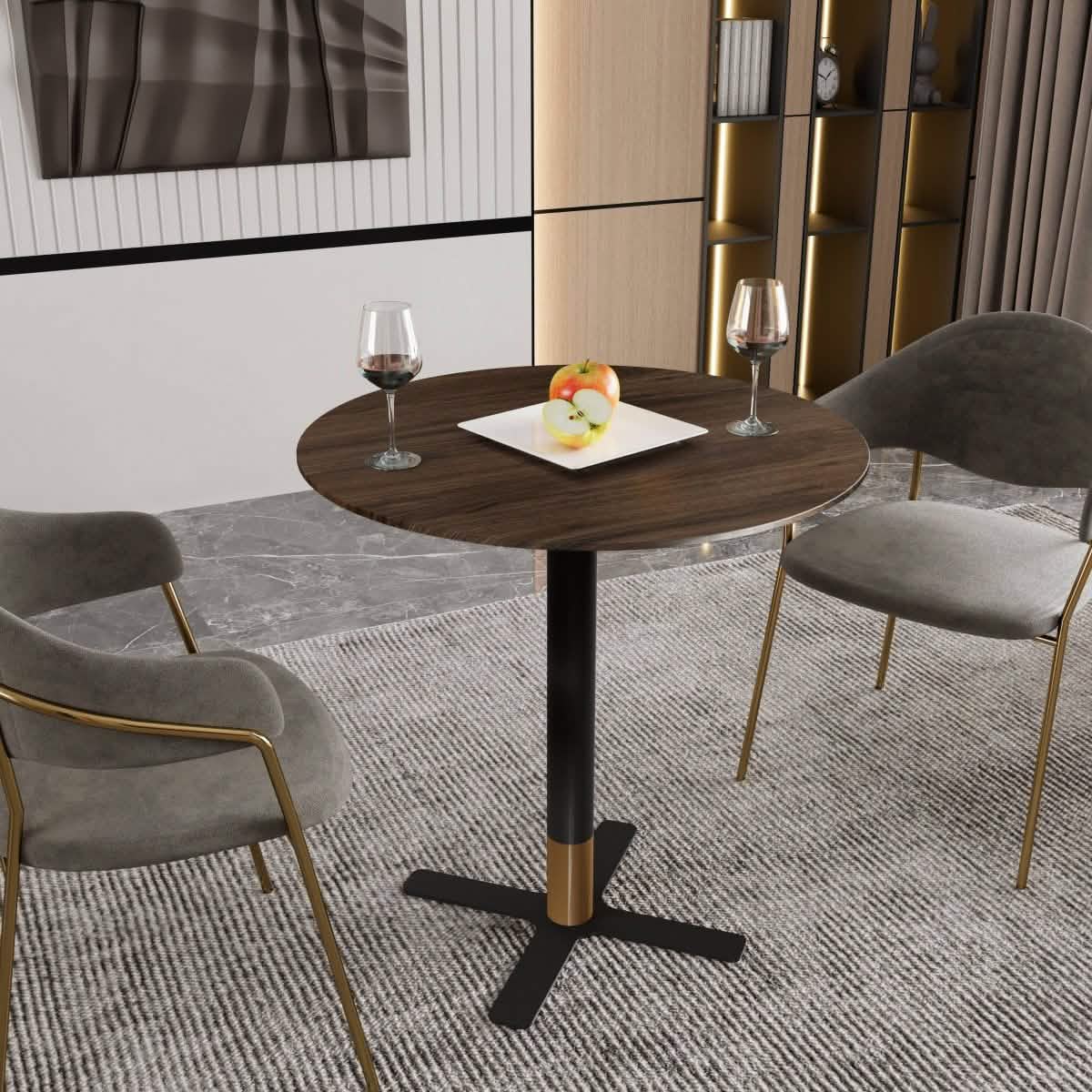 Vail Collection Dining Table Black/Gold X Base With Round MDF Wood/Sintered Stone Top 27 Inches Black Wood Dining Table Leisuremod