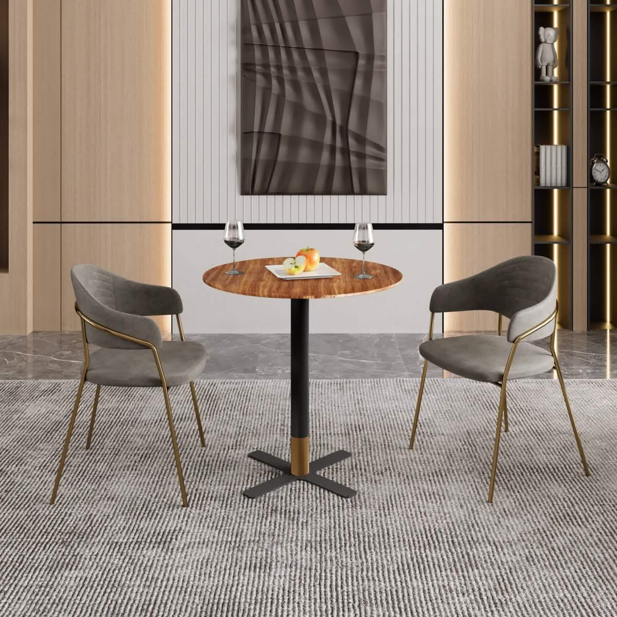 Vail Collection Dining Table Black/Gold X Base With Round MDF Wood/Sintered Stone Top 36 Inches Black Wood Dining Table Leisuremod
