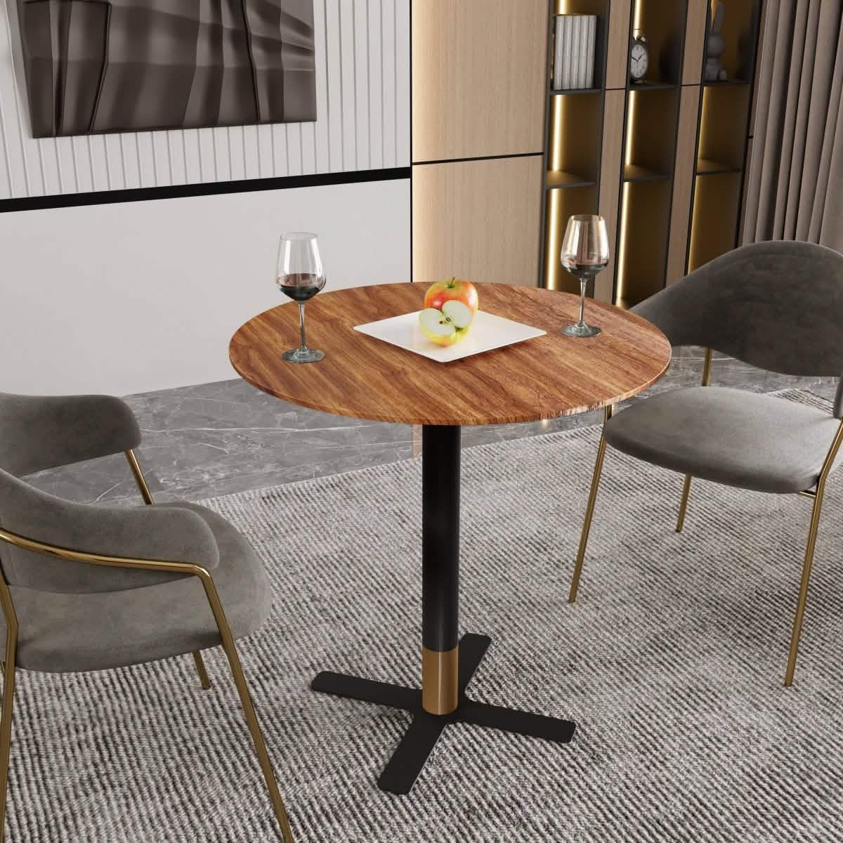 Vail Collection Dining Table Black/Gold X Base With Round MDF Wood/Sintered Stone Top 36 Inches Black Wood Dining Table Leisuremod