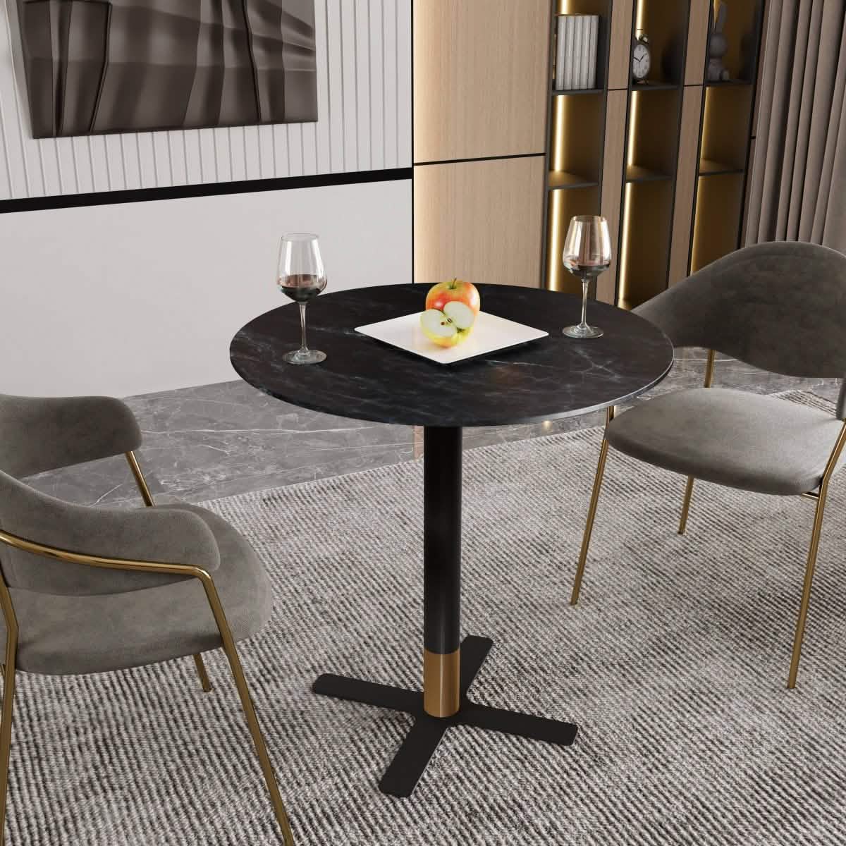 Vail Collection Dining Table Black/Gold X Base With Round MDF Wood/Sintered Stone Top 36 Inches Black Wood Dining Table Leisuremod