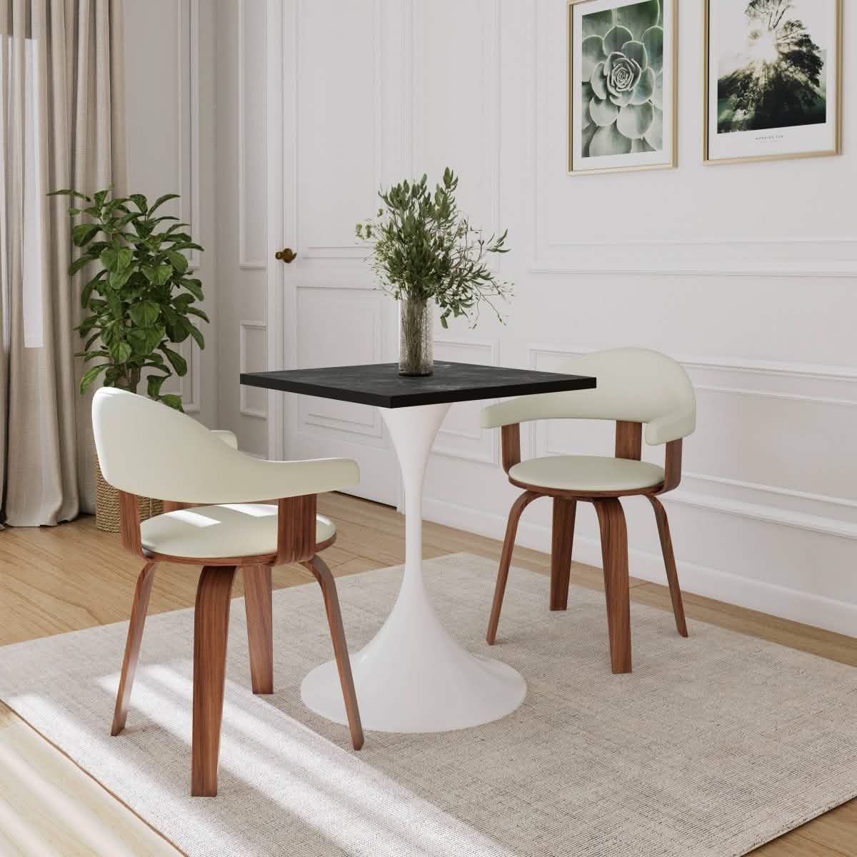Verve Collection 24"Square Dining Table, Black/White/Brushed Gold Base with MDF Top 27 Inch White Black Wood Dining Table Leisuremod