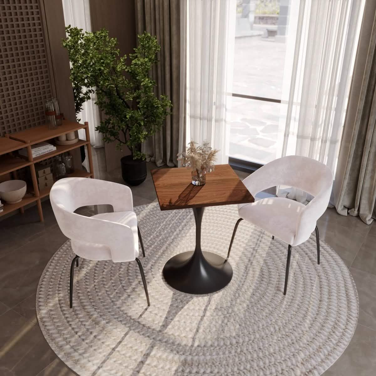 Verve Collection 24"Square Dining Table, Black/White/Brushed Gold Base with MDF Top 27 Inch Black Cognac Brown Wood Dining Table Leisuremod