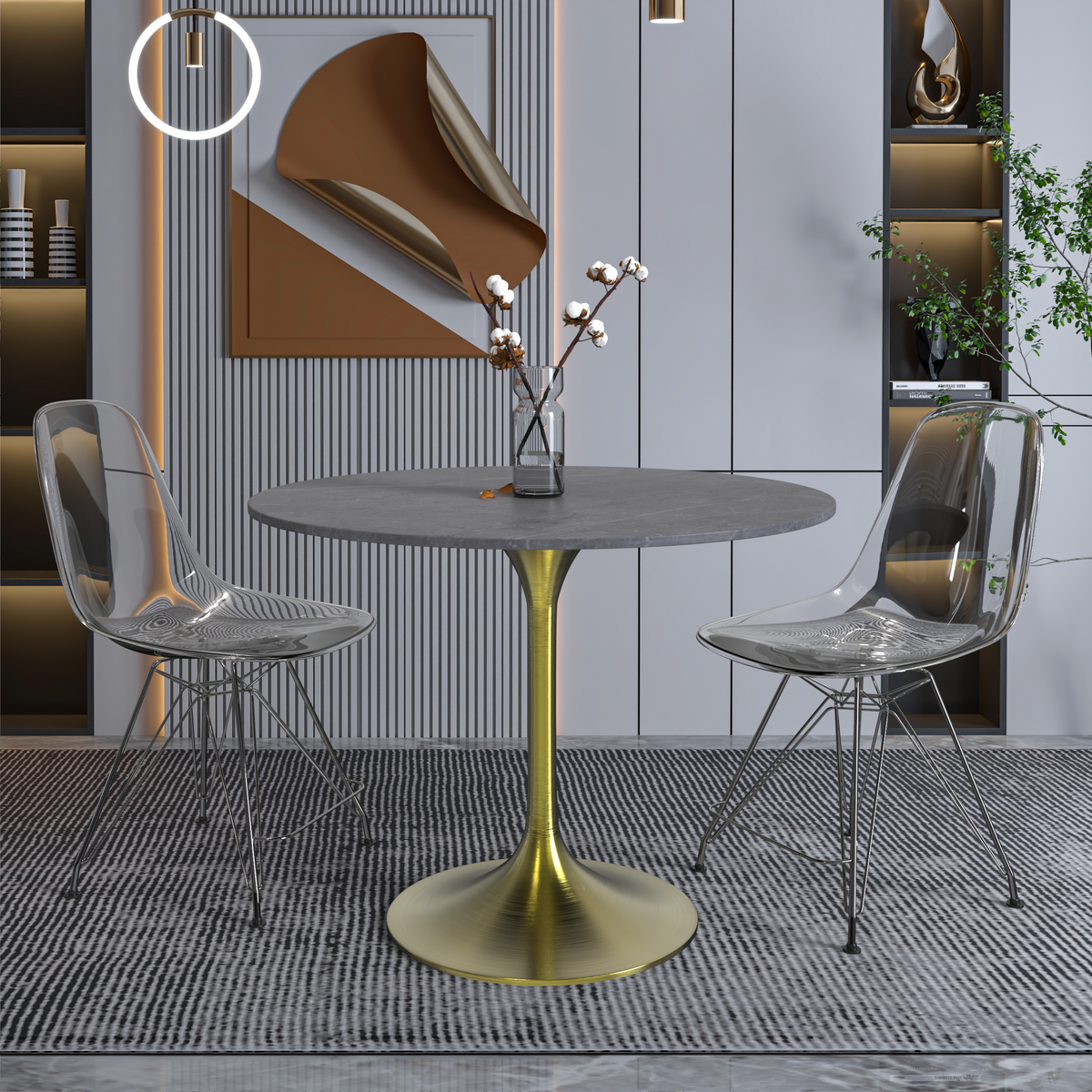 Verve Round Dining Table with MDF/Sintered Stone/Resin Tabletop in Gold Stainless Steel Pedestal Base Sintered Stone 36 Inch Grey Dining Table Leisuremod