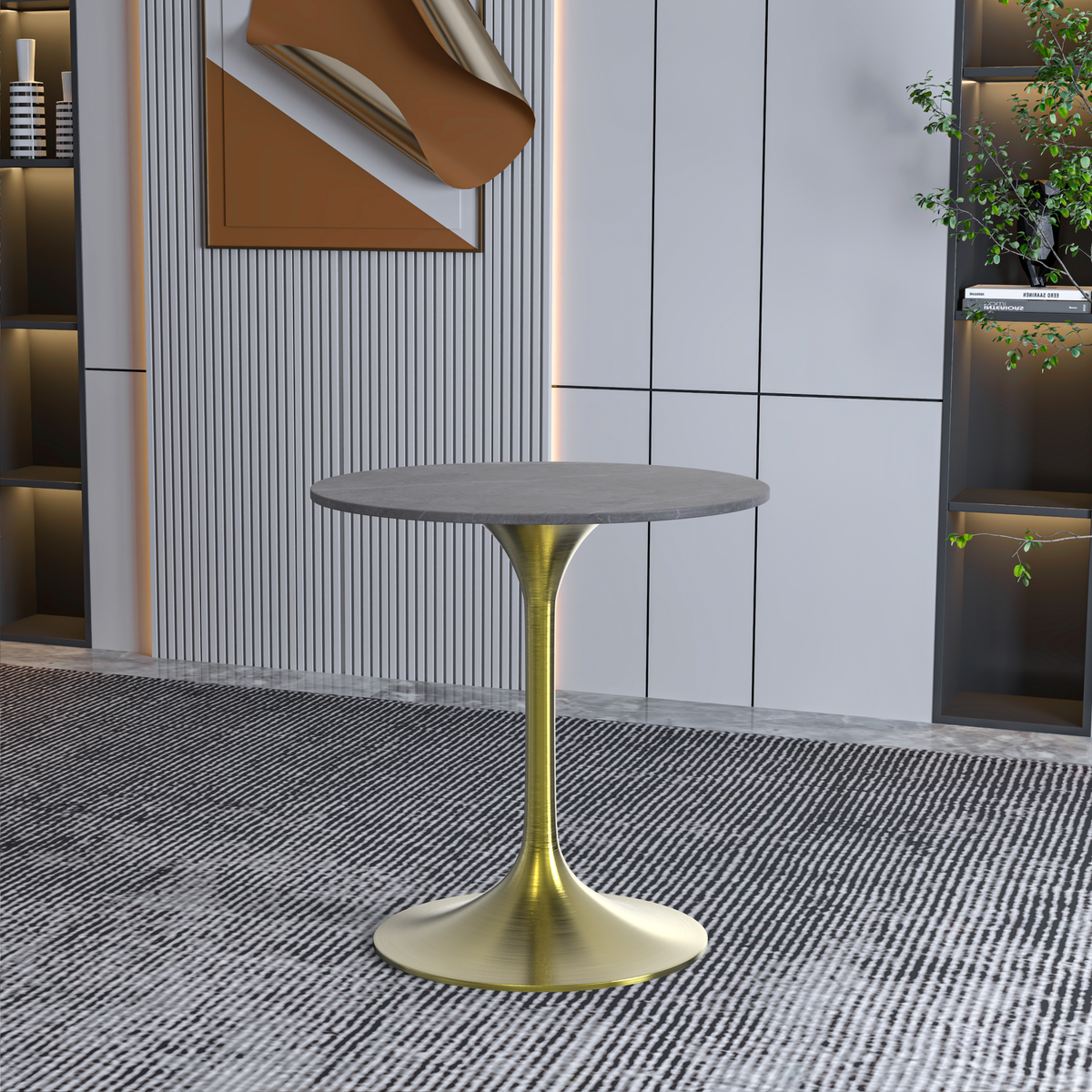 Verve Round Dining Table with MDF/Sintered Stone/Resin Tabletop in Gold Stainless Steel Pedestal Base Sintered Stone 27 Inch Grey Dining Table Leisuremod
